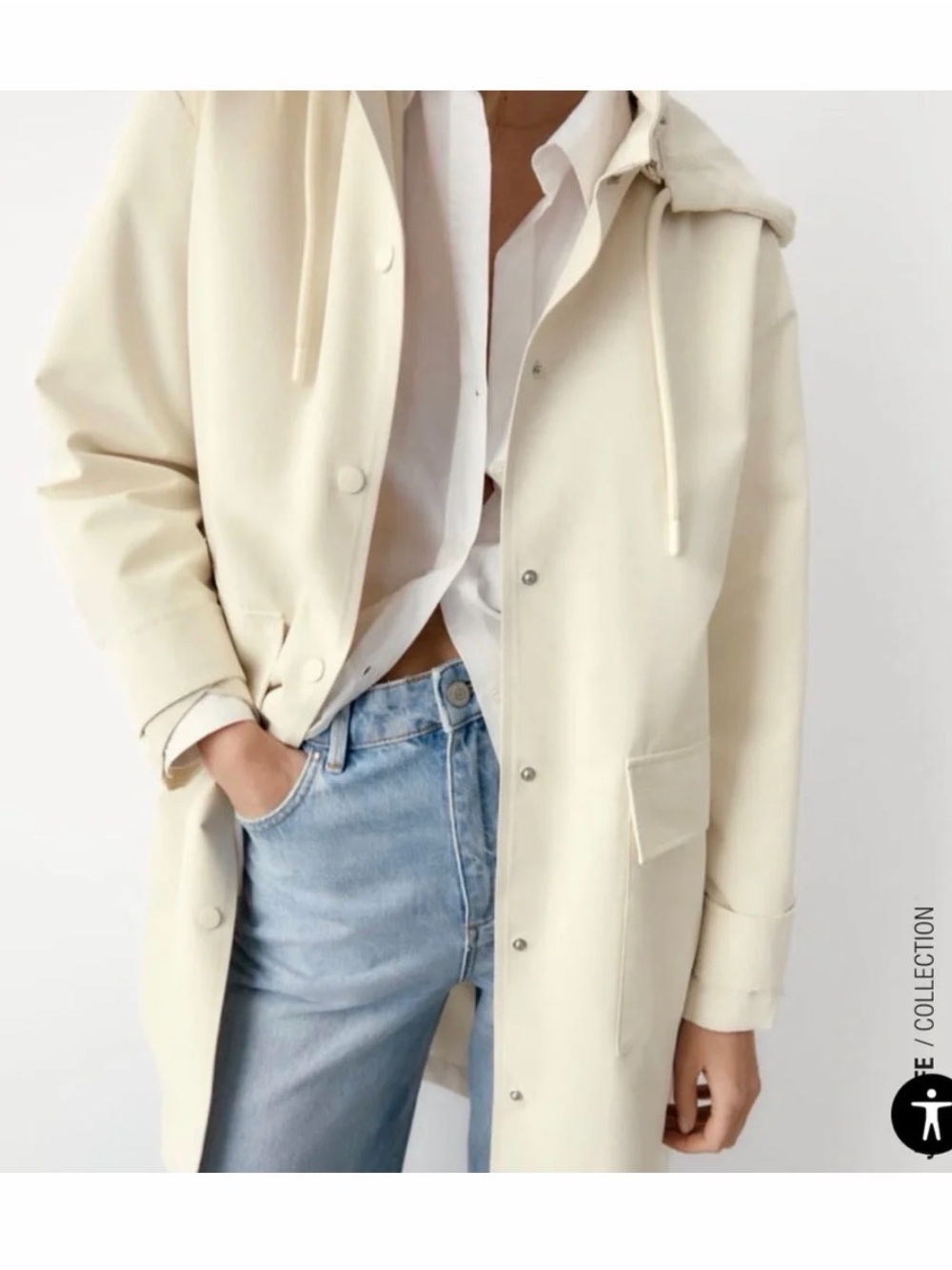Zara | Cream Ivory Detachable Hooded Oversized Raincoat Jacket | Sz S
